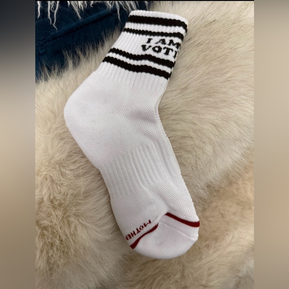MOTHER White Crew Socks with Black Stripes and Red Accent
